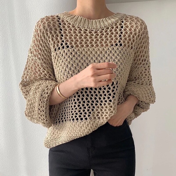 Crochet style sweater net khaki cover up long sleeve - Picture 3 of 4